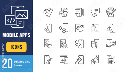 Set of Mobile Apps Related Vector Line Icons. Contains such Icons as Component, Analytics, Coding and more. Editable Stroke.