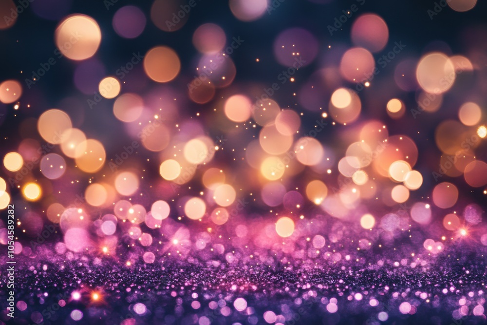 A background of purple and gold glitter with bokeh lights, creating an enchanting atmosphere for celebration or special events. A night party decoration concept. A background of purple and gold glitter with bokeh lights, creating an enchanting atmosphere for celebration or special events. A night party decoration concept.