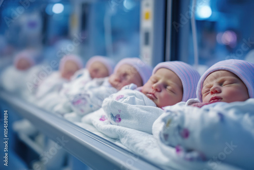 Three newborn babies snuggled together in a hospital bed, peaceful and tiny amidst soft blankets, with a gentle glow from the dimly lit room. photo