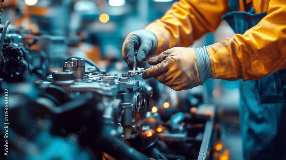 Mechanic working on engine in workshop setting Mechanic working on engine in workshop setting