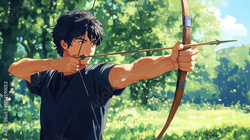 Outdoor archery practice with focused man in lush greenery
