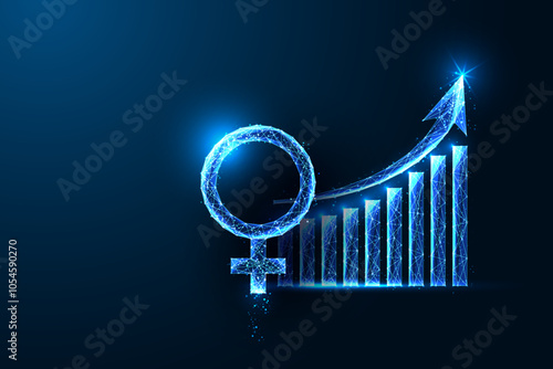 Female investment and empowerment concept with a growth chart and female symbol on blue background.