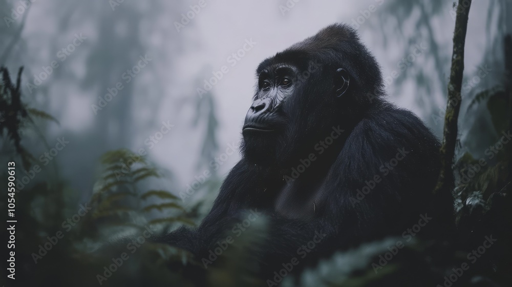 Naklejka premium Majestic Mountain Gorilla in Misty Forest