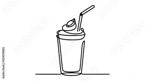 One continuous line illustration of a coffee with ice in a glass with a straw and ice, isolated on white background.