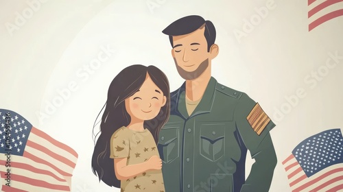 Embracing Freedom: A Soldier's Love with Daughter and American Flags