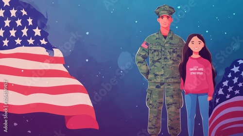 Family Bonding with Soldier and Child Surrounded by American Flags