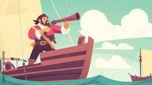 Cartoon Pirate with Telescope on a Ship