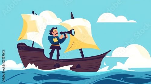 Cartoon Sailor on Ship with Telescope in Ocean
