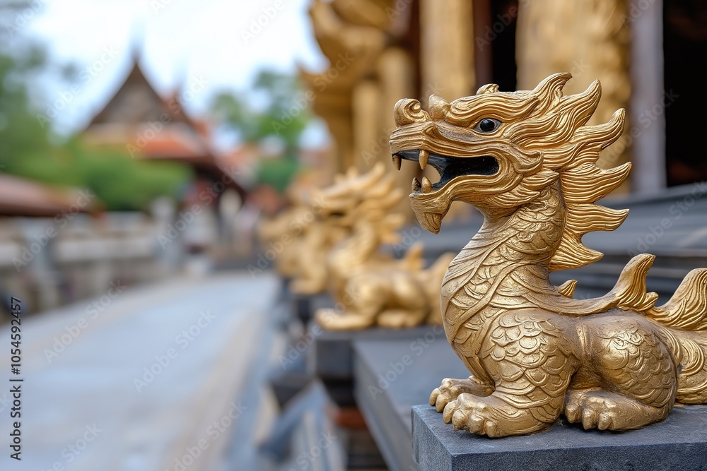 A close-up of a golden dragon statue at a temple, showcasing intricate details and a serene atmosphere of spiritual beauty.