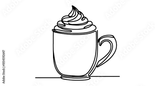 One continuous line illustration of coffee with whipped cream, isolated on white background.