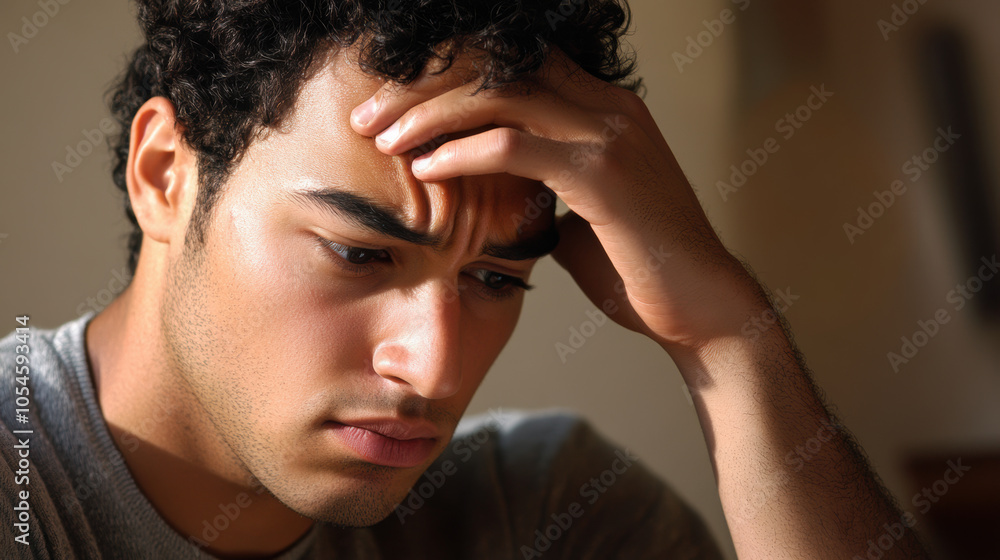 Fototapeta premium Stressed Man Holding Head with Worried Expression at Home.