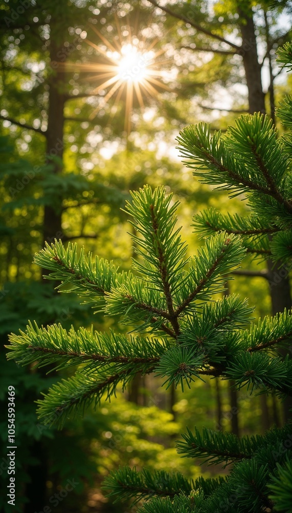 Pine tree branches in sunlight background, bright atmosphere, warm glowing greenery Pine tree branches in sunlight background, bright atmosphere, warm glowing greenery