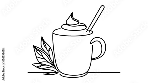 One continuous line illustration of coffee with whipped cream, isolated on white background.