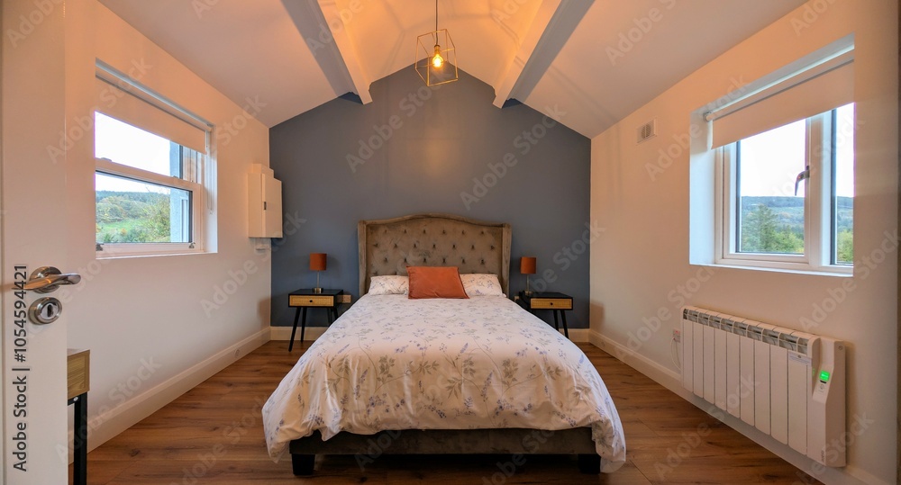 Tiny house interior, cosy cabin in mountains, vacation home, buildings and architecture background