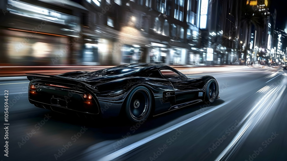 Sleek black sports car driving through a futuristic city at night - Sleek black sports car driving through a futuristic city at night -