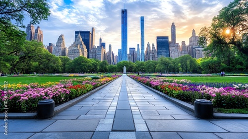 View of a vibrant city skyline from a park path surrounded by colorful flowers under a bright sky at dawn.