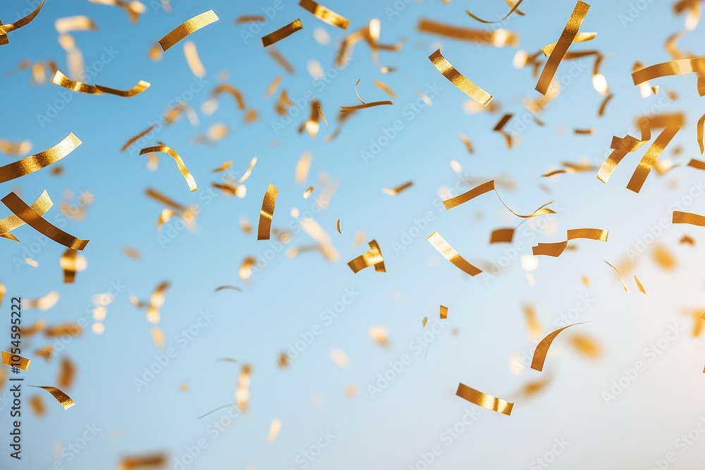 Obraz premium Golden confetti falls gracefully from the sky, creating a festive atmosphere against a bright blue background.