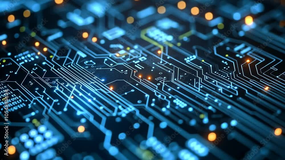 A close-up view of a circuit board with glowing blue lines and orange dots, showcasing the intricate pathways of modern technology A close-up view of a circuit board with glowing blue lines and orange dots, showcasing the intricate pathways of modern technology