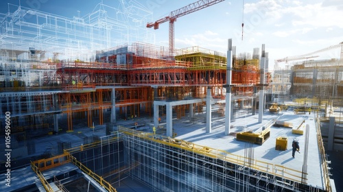 A construction site with scaffolding and cranes, showcasing building progress and planning.