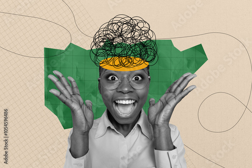 Composite photo collage of excited crazy black woman cut head scribble art brainstorming plan ponder isolated on painted background photo