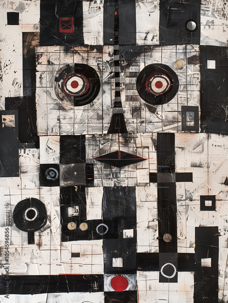 Obraz premium Abstract face composed of geometric patterns and shapes, modern mixed-media style