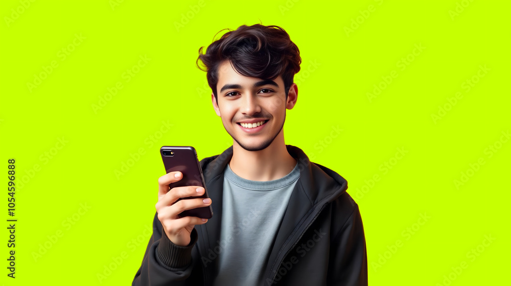 Portrait of handsome happy young man holding smartphone isolated on yellow background. Studio shot Portrait of handsome happy young man holding smartphone isolated on yellow background. Studio shot