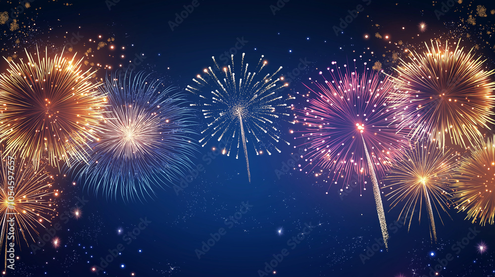 New Year Eve, the dark blue sky lit up with firework, creating festive background for joyful celebration of holiday. New Year Eve, the dark blue sky lit up with firework, creating festive background for joyful celebration of holiday.