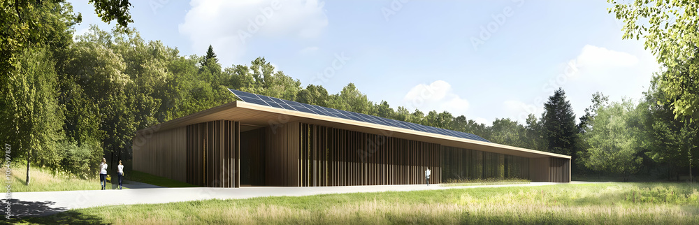 Modern building with solar panels, set in a natural landscape. Modern building with solar panels, set in a natural landscape.