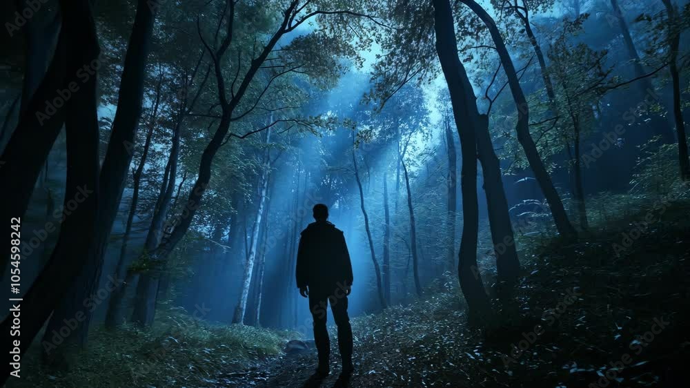 A lone figure stands in a dark forest, illuminated by a faint glow A lone figure stands in a dark forest, illuminated by a faint glow