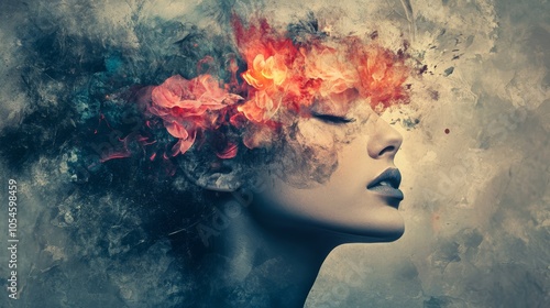 Ethereal Bloom: A woman's face emerges from a swirling cloud of vibrant colors, reminiscent of a blossoming flower, evoking a sense of mystery and metamorphosis.