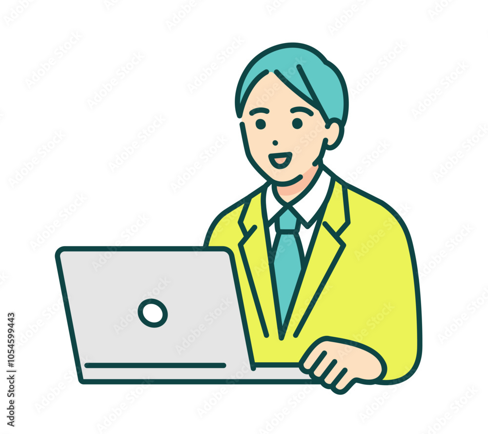 パソコンで勉強する男子高校生。シンプルな男の子のベクターイラスト素材。 パソコンで勉強する男子高校生。シンプルな男の子のベクターイラスト素材。