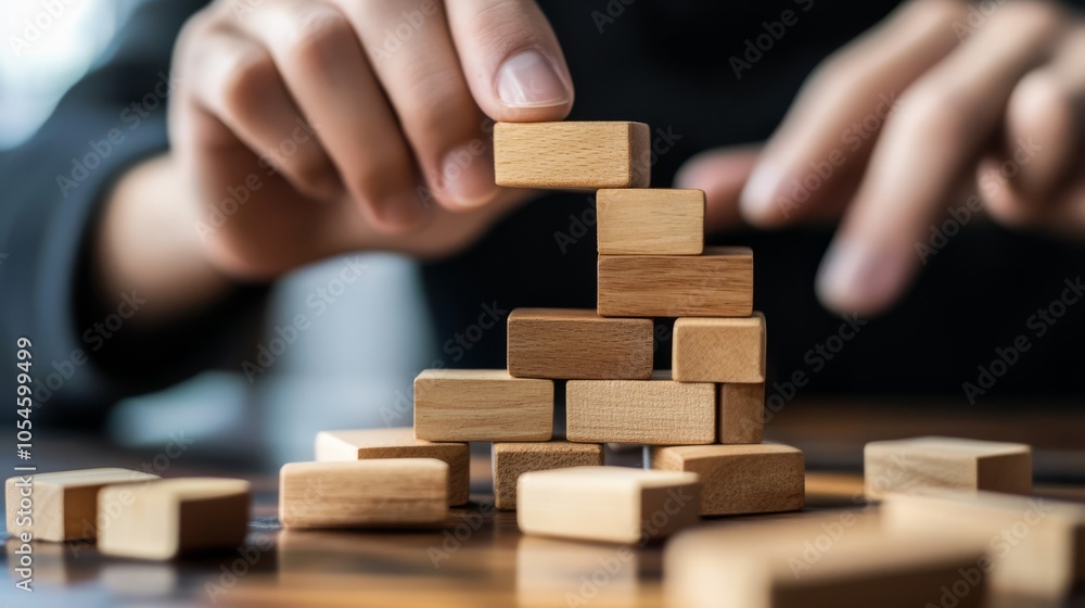 Building a Solid Foundation: Hands carefully place wooden blocks, creating a tower that symbolizes stability, growth, and strategic planning. This image evokes a sense of determination and progress. Building a Solid Foundation: Hands carefully place wooden blocks, creating a tower that symbolizes stability, growth, and strategic planning. This image evokes a sense of determination and progress.