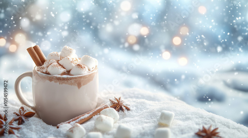 Mug of hot chocolate with marshmallows and a cinnamon stick against a snowy background
