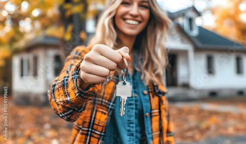A smiling woman holds house keys in front of a charming, autumn-colored home.