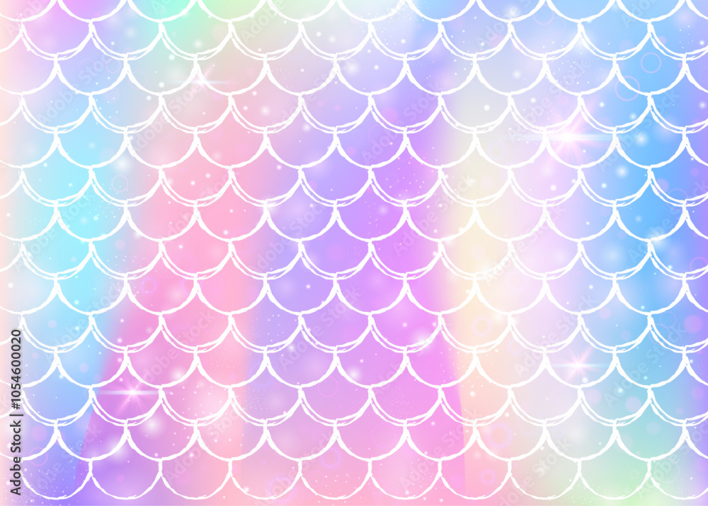Rainbow scales background with kawaii mermaid princess pattern. Fish tail banner with magic sparkles and stars. Sea fantasy invitation for girlie party. Spectrum backdrop with rainbow scales. Rainbow scales background with kawaii mermaid princess pattern. Fish tail banner with magic sparkles and stars. Sea fantasy invitation for girlie party. Spectrum backdrop with rainbow scales.