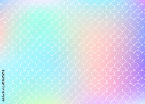 Holographic mermaid background with gradient scales. Bright color transitions. Fish tail banner and invitation. Underwater and sea pattern for girlie party. Colorful back with holographic mermaid.