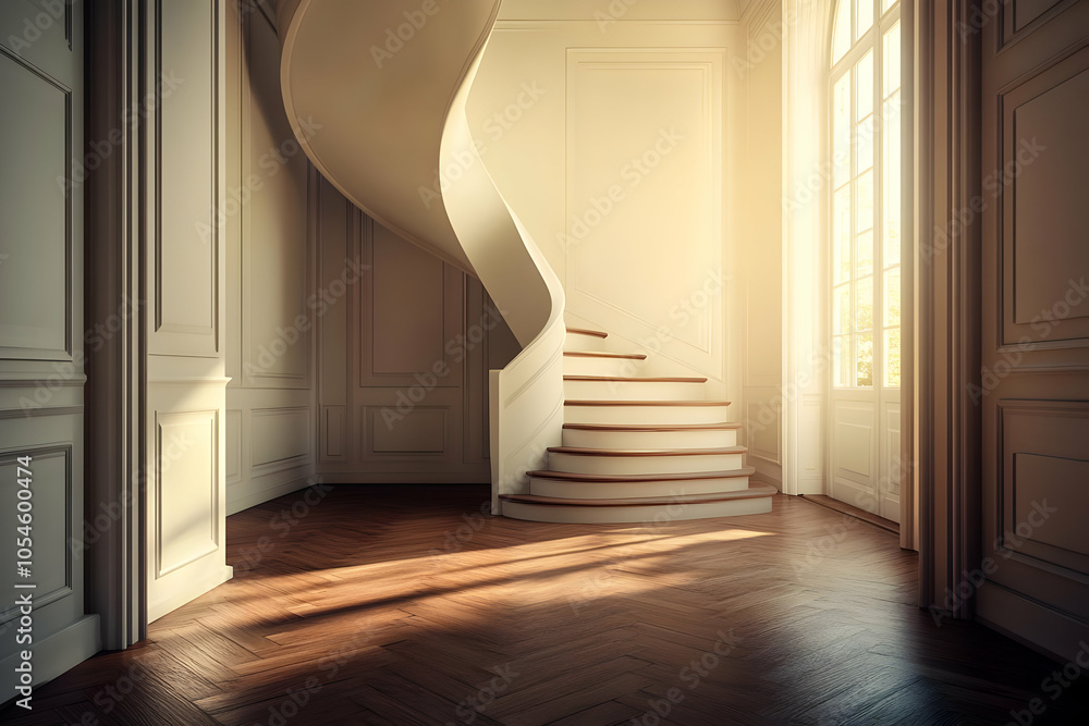 Fototapeta premium Elegant interior featuring a spiraling staircase and warm sunlight illuminating the space.