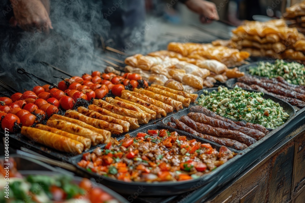 balkan street food display, vibrant balkan street food scene featuring sizzling cevapi, savory burek, and crispy baklava captured balkan street food display, vibrant balkan street food scene featuring sizzling cevapi, savory burek, and crispy baklava captured