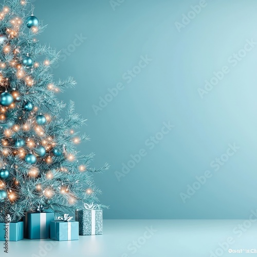 A Christmas backdrop with a tree and presents or gifts and a blue green wall. 