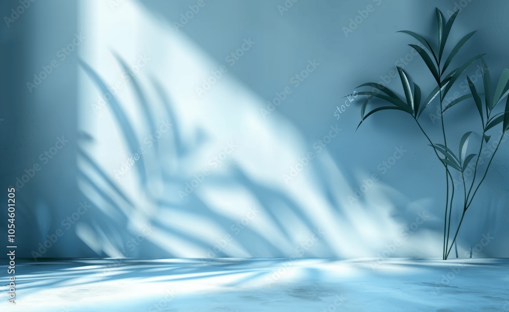 Minimalistic Light Blue Room with Palm Leaf Shadows for Product Presentation Minimalistic Light Blue Room with Palm Leaf Shadows for Product Presentation