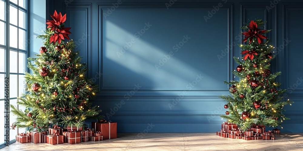 A Christmas backdrop with a tree and presents or gifts and a blue green wall. A Christmas backdrop with a tree and presents or gifts and a blue green wall.