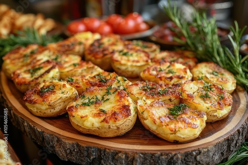 food presentation, the smashed potatoes are elegantly presented on a wooden platter, surrounded by essential culinary ingredients