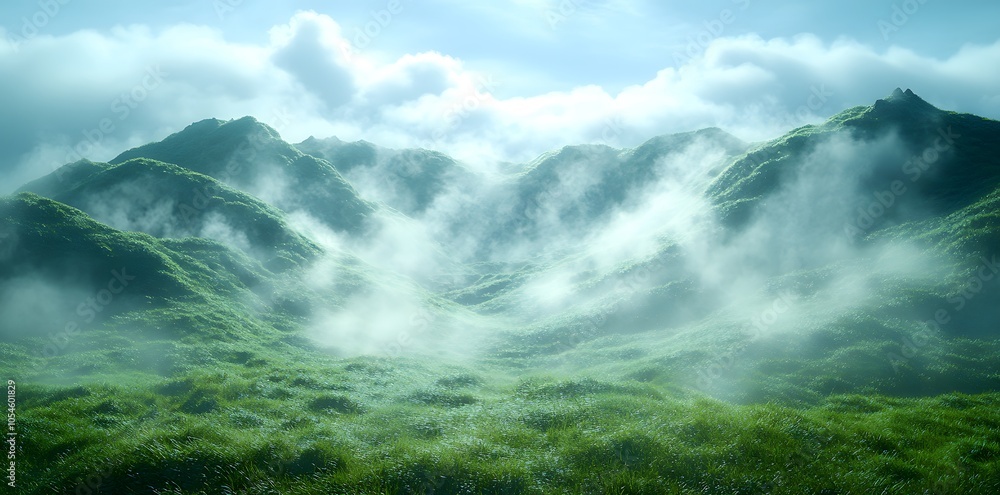 Lush, misty mountains with rolling green hills and ethereal clouds. Lush, misty mountains with rolling green hills and ethereal clouds.