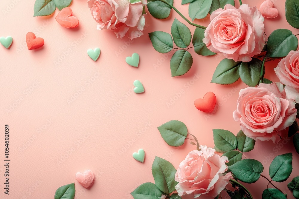 valentines day illustration, valentines day backdrop with soft rose and heart illustrations in pink and mint green on a light coral background valentines day illustration, valentines day backdrop with soft rose and heart illustrations in pink and mint green on a light coral background