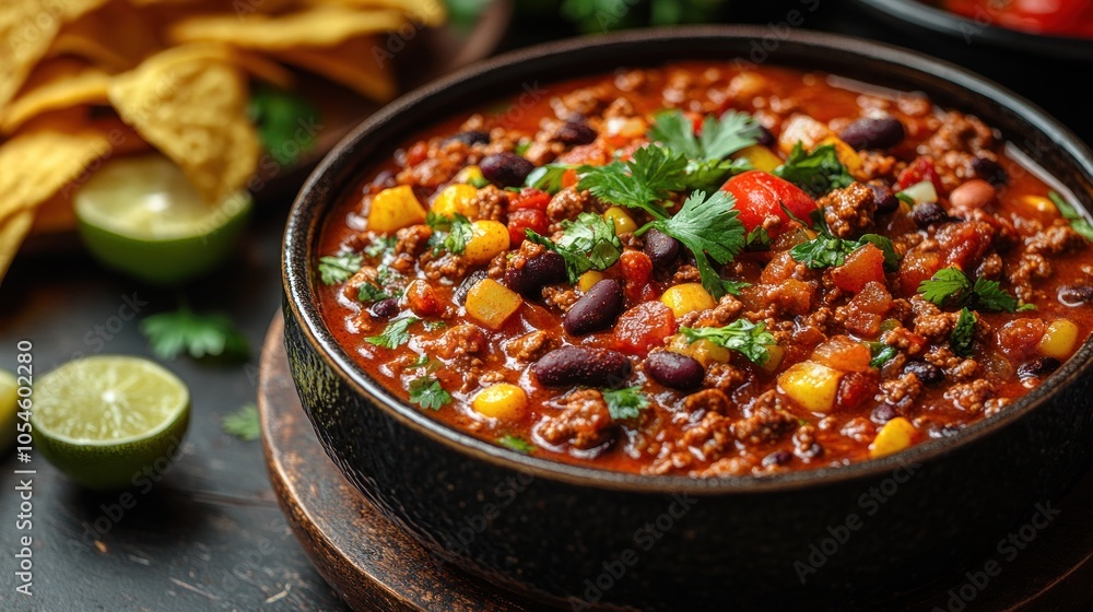 Close-up of a Bowl of Chili with Toppings Close-up of a Bowl of Chili with Toppings