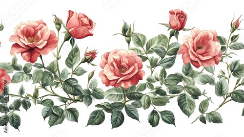 Watercolor illustration of a border of pink roses and green leaves.