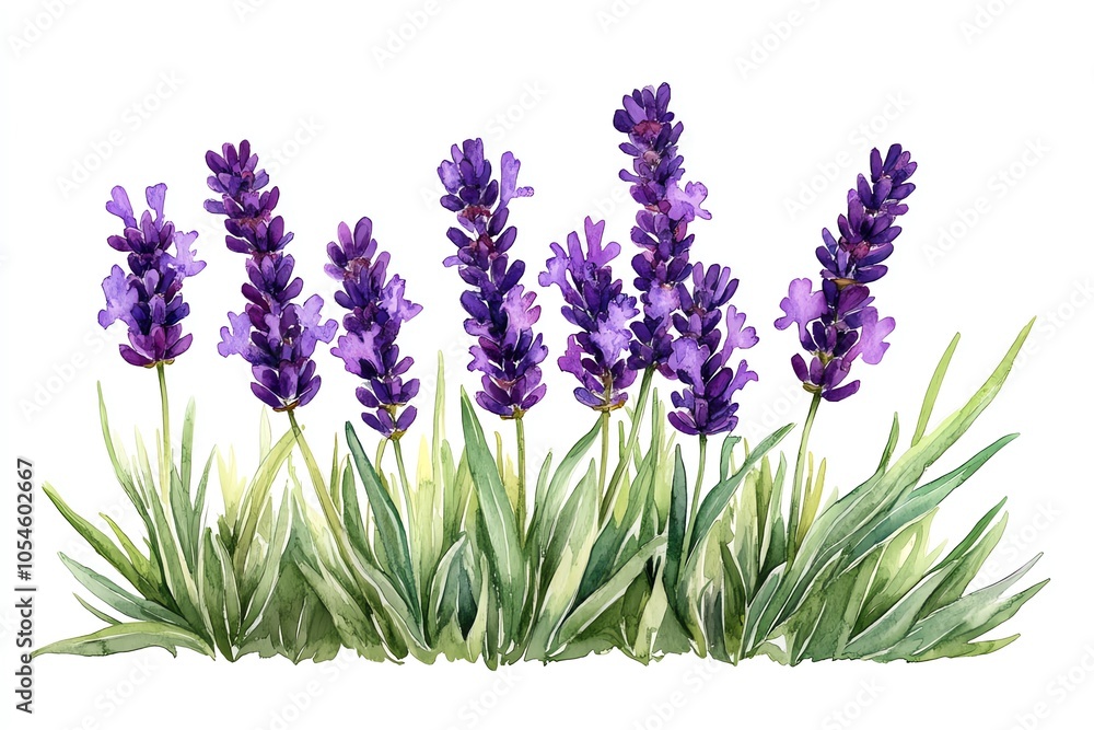 Obraz premium Watercolor painting of lavender flowers with green leaves isolated on a white background.