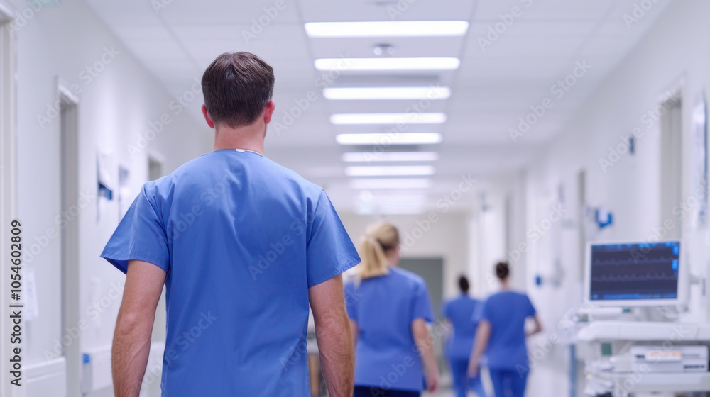 Obraz premium A group of nurses walk down a hallway in a hospital