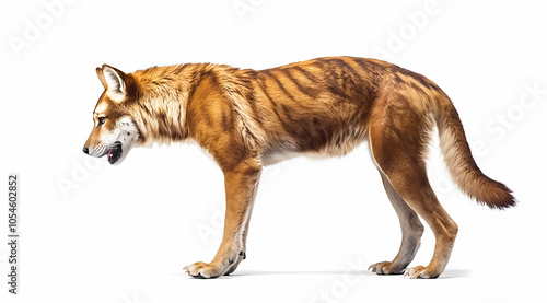 Tasmanian Tiger Realistic on White Background: Witness the Striking Presence of a Carnivorous Marsupial, Tragically Driven to Extinction in the 20th Century photo