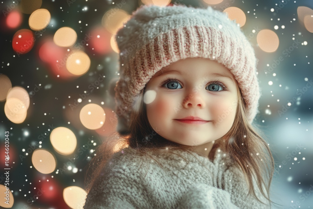 A joyful child in a cozy sweater and hat smiles against a backdrop of twinkling lights during a snowy Christmas celebration A joyful child in a cozy sweater and hat smiles against a backdrop of twinkling lights during a snowy Christmas celebration